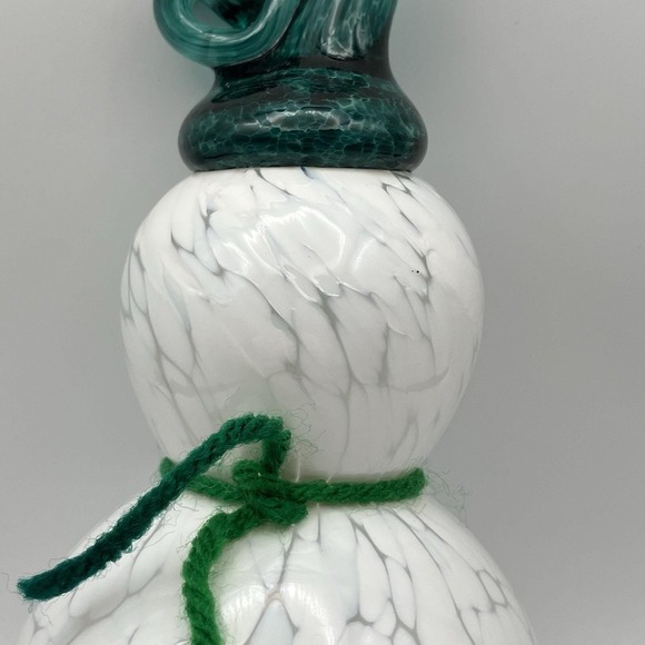 Glass Snowman Handblown Ornament Sculpture White Marbled / Emerald Hat Christmas - Picture 5 of 10